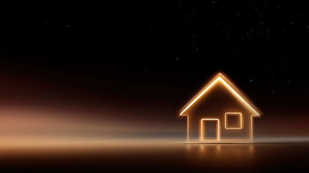 This image features a glowing house silhouette set against a dark night sky filled with stars. The soft illumination creates a tranquil and dreamy atmosphere, perfect for evoking feelings of warmth and solitude.の素材