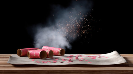 A vibrant scene featuring colorful firecrackers on a wooden surface, surrounded by smoke and sparkling lights, perfect for celebrations and festive events.の素材