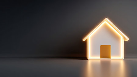 A minimalistic lighted house icon radiates warmth against a dark background, ideal for representing comfort and modern design elements in various projects.の素材