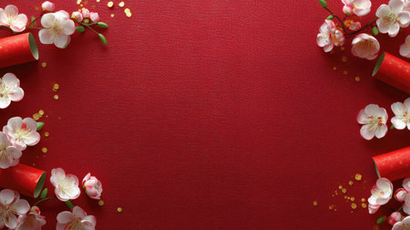 A vibrant red background adorned with delicate cherry blossom flowers and festive decorations, perfect for celebrations, events, and holiday greetings.の素材
