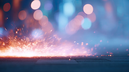 Captivating image of sparks flying from the ground, surrounded by a dreamy bokeh background. The soft blue lighting adds an ethereal effect that enhances the dynamic movement and vibrant energy. Perfect for creative projects.の素材
