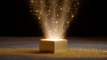 A captivating golden box emits a radiant glow and sparkling particles in a dark background, creating a magical and enchanting atmosphere perfect for various creative projects.の素材