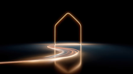 This abstract image features a glowing outline of a house set against a dark backdrop. It symbolizes home and comfort, evoking feelings of warmth and tranquility.の素材