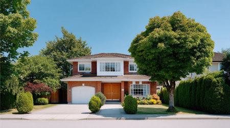 A beautiful suburban brick house surrounded by lush greenery and colorful flowers. Perfect setting for families, capturing a serene neighborhood vibe.の素材
