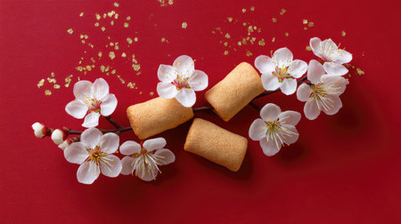 A visually striking composition featuring delicate cherry blossoms and traditional snacks, creatively arranged on a vibrant red background, perfect for any cultural celebration.の素材