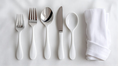 A sophisticated arrangement of white tableware including a fork, knife, spoon, and a folded napkin, set against a soft white background.の素材