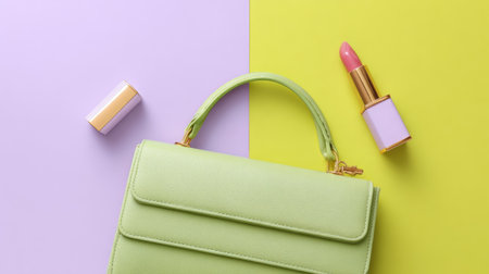 This image showcases a stylish green handbag and pink lipstick on a vibrant split background, perfect for fashion and beauty content.の素材