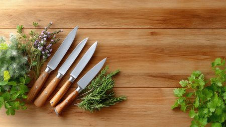 A serene arrangement featuring sharp kitchen knives and fresh herbs on a wooden surface, perfect for culinary enthusiasts seeking inspiration and elegance in cooking.の素材