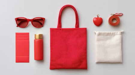 This flat lay showcases a vibrant assortment of red accessories, including a stylish tote bag, trendy sunglasses, and a charming heart pendant, perfect for a fashion-conscious lifestyle.の素材