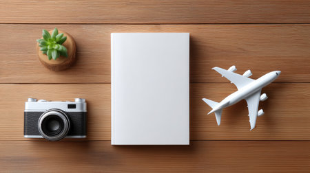 A flat lay image showcasing essential travel items including a blank notebook, a camera, and an airplane model, perfect for travel planning and inspiration.の素材