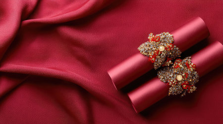 This image features a rich red fabric backdrop with beautifully designed Christmas crackers embellished with gold and red accents, perfect for holiday celebrations.の素材