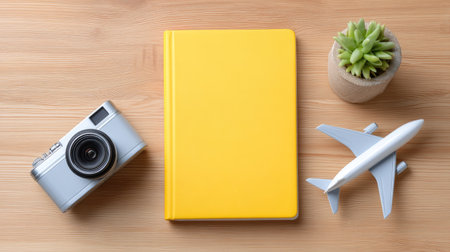 This image showcases a stylish workspace featuring a vibrant yellow notebook, a vintage camera, a small airplane model, and a succulent plant, creating an inspiring and creative environment.の素材