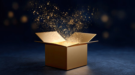 An open golden box releases a stunning display of sparkling light against a dark backdrop, symbolizing magic, creativity, and surprise. Perfect for various projects.の素材
