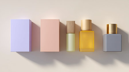 A stunning array of luxury perfume bottles in soft pastel colors, accompanied by elegant packaging, perfect for beauty and fragrance advertising.の素材
