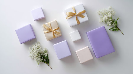 A delightful arrangement of beautifully wrapped gifts in pastel colors, adorned with ribbons, accompanied by fresh flowers, creating a charming visual ideal for celebrations.の素材