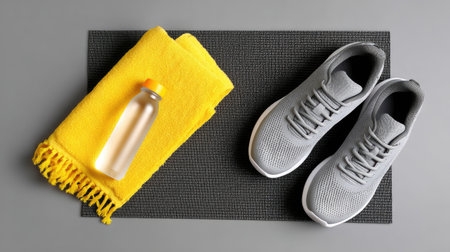 This image presents a stylish arrangement of gray athletic shoes, a vibrant yellow towel, and a clear water bottle on a sleek gray surface, perfect for fitness themes.の素材