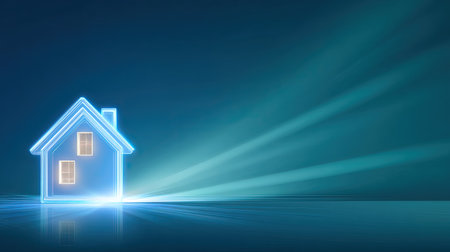 A futuristic glowing house illustration with blue light rays emanating on a sleek surface, ideal for technology and modern real estate themes.の素材