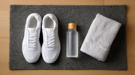A stylish arrangement featuring white athletic shoes, a clear water bottle, and a fluffy towel on a soft mat, perfect for fitness enthusiasts.の素材