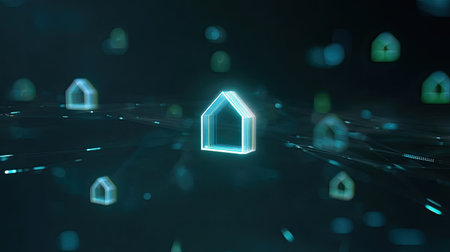 This image features a futuristic representation of houses interconnected through a digital network, emitting glowing effects against a dark background. Ideal for themes of real estate and technology innovation.の素材