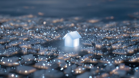 A minimalist house radiates a soft glow in a digital cityscape, creating a serene ambiance with shimmering lights and modern architectural elements.の素材
