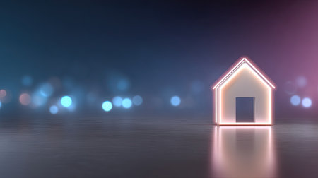 This stunning minimalist house icon glows with a neon light, beautifully reflecting on a smooth surface. The soft bokeh background enhances its captivating design.の素材