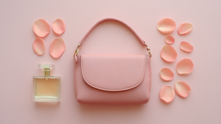 A stylish pink handbag accompanies a delicate perfume bottle with rose petals scattered around, creating a serene and elegant fashion composition.の素材
