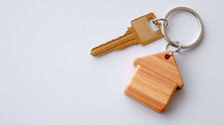 A close-up view of a single key with a wooden house-shaped keychain on a clean white background, perfect for illustrating home ownership themes.の素材