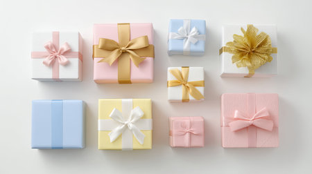 A delightful arrangement of colorful gift boxes with elegant ribbons in pastel colors, perfect for celebrating various occasions and spreading joy.の素材