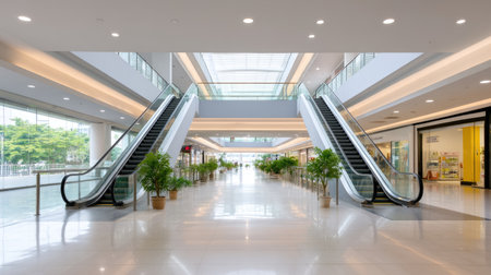 A bright and airy interior of a modern shopping mall showcasing escalators, lush indoor plants, and expansive spaces inviting shoppers to explore.の素材