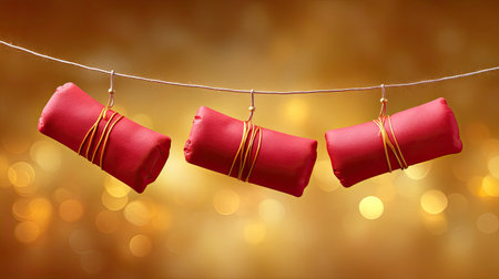 A visually appealing arrangement of colorful red gift wraps suspended on a string, accompanied by a glowing bokeh background, perfect for festive themes.の素材
