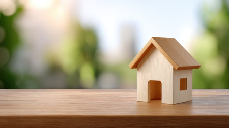 A charming wooden house model sits on a rustic table, illuminated by soft natural light. The blurred background adds a serene atmosphere, ideal for showcasing home design concepts.の素材