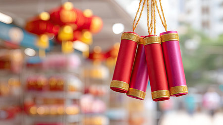 Colorful firecrackers hang from a string in a festive market setting, symbolizing celebrations and traditions associated with Lunar New Year festivities.の素材