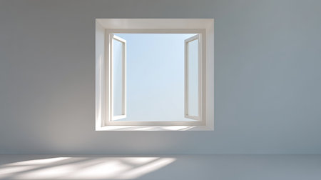 A modern minimalist window with open frames reveals a clear blue sky, enhancing the bright and airy feel of the interior space, inviting calmness.の素材