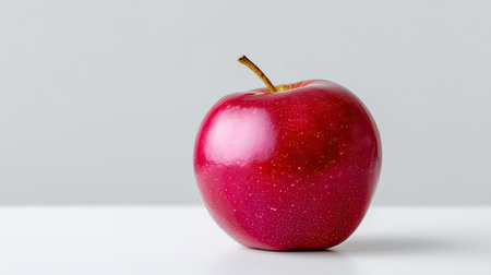 A vibrant red apple rests on a clean white surface, showcasing its glossy skin and natural sheen. This minimalist composition highlights freshness and healthy eating.の素材