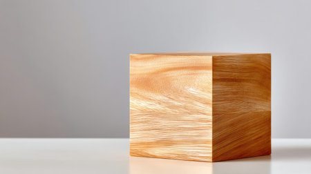A beautifully crafted wooden block sits on a minimalist surface, showcasing its unique texture and natural light. Ideal for design projects and creative concepts.の素材