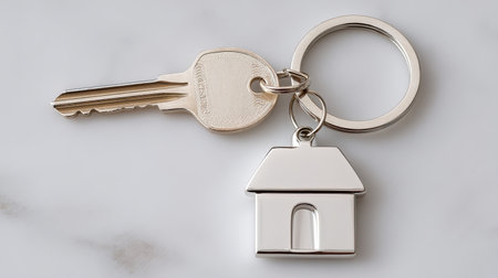 A detailed view of a silver key and a house-shaped keychain resting on a smooth marble surface, representing home security and property ownership themes.の素材