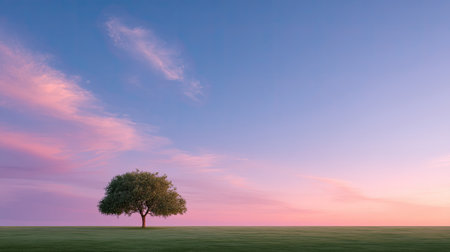 This image captures a solitary tree standing majestically in a serene landscape at dusk, with a vibrant sky showcasing soft pastel colors. Perfect for evoking tranquility.の素材