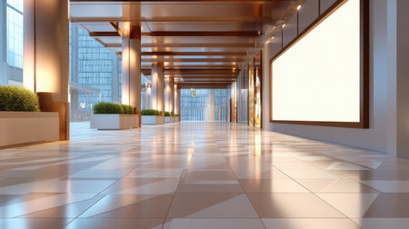This modern empty hallway features polished floors, decorative plants, and ambient lighting, creating a welcoming atmosphere in a contemporary urban business environment.の素材