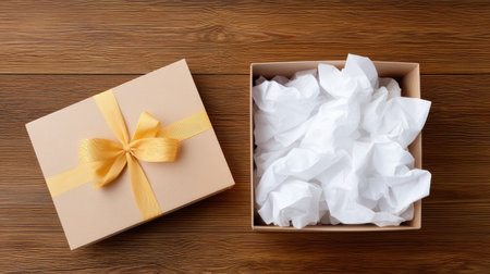 An elegant gift box adorned with a yellow ribbon sits beside crumpled tissue paper on a warm wooden table, perfect for any occasion.の素材