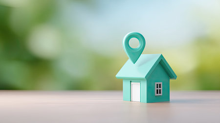 A small teal house with a location pin sits on a wooden surface, symbolizing real estate and the journey of finding a perfect home against a soft green backdrop.の素材