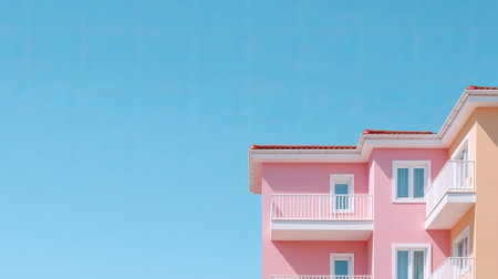 This image features a colorful modern building with pink and yellow facades, showcasing balconies under a bright blue sky. Perfect for urban aesthetics.の素材