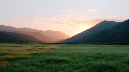A breathtaking sunset casts a warm glow over lush green meadows and rolling hills, creating a peaceful and serene landscape perfect for nature lovers.の素材