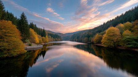 Experience the tranquil beauty of a serene sunset over a picturesque lake, surrounded by vibrant autumn foliage and majestic mountains. Ideal for nature lovers.の素材