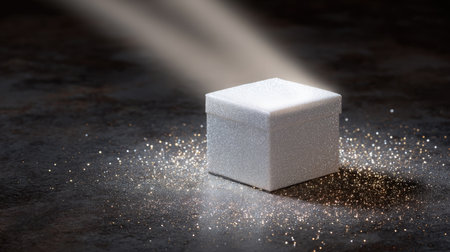 A captivating white box radiates light and sparkles against a dark surface, conveying themes of mystery and elegance in a unique composition.の素材