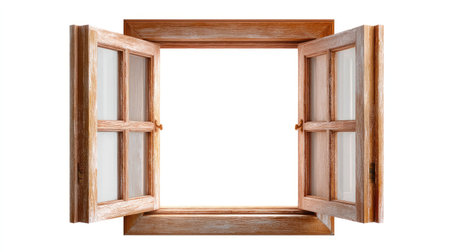 This image features a beautifully crafted wooden window frame with shuttered openings, inviting natural light and fresh air while enhancing any interior space.の素材