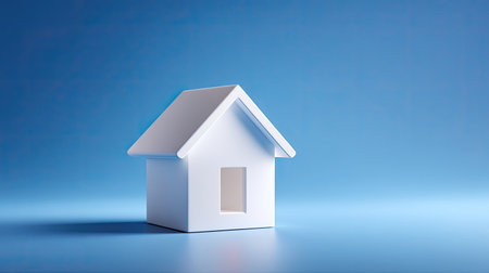 This image features a minimalist white house model set against a soft blue background, perfect for real estate marketing, home design, or architectural concepts.の素材