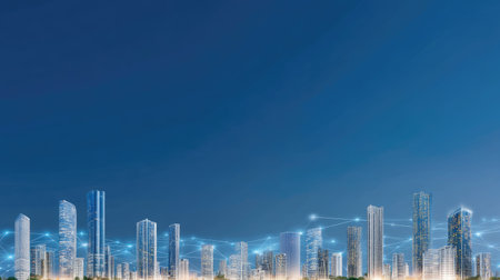 A stunning view of a modern city skyline featuring tall buildings illuminated at night, interconnected by digital lines, symbolizing technological advancement.の素材