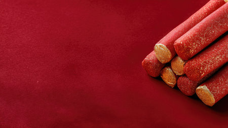 Explore a vibrant arrangement of colorful red chalk sticks stacked neatly on a rich red surface, perfect for creative projects and art activities.の素材