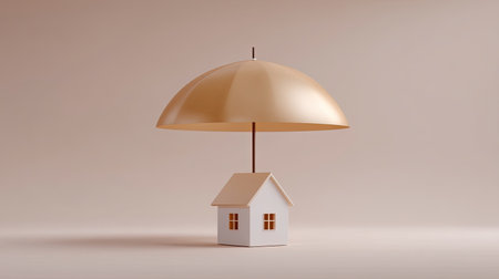 A small white house sits under a large golden umbrella, symbolizing protection and safety. The soft neutral background enhances the theme of security in home ownership.の素材