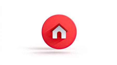 This modern red circular icon showcases a white house symbol, perfect for representing home and domestic concepts in various design projects.の素材